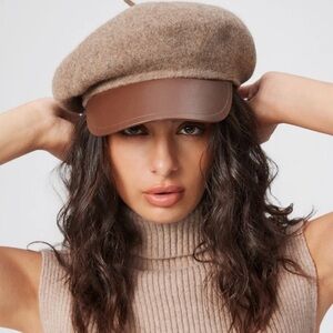 Cider Tan Wool-Blend Beret with Brown Leather Visor
